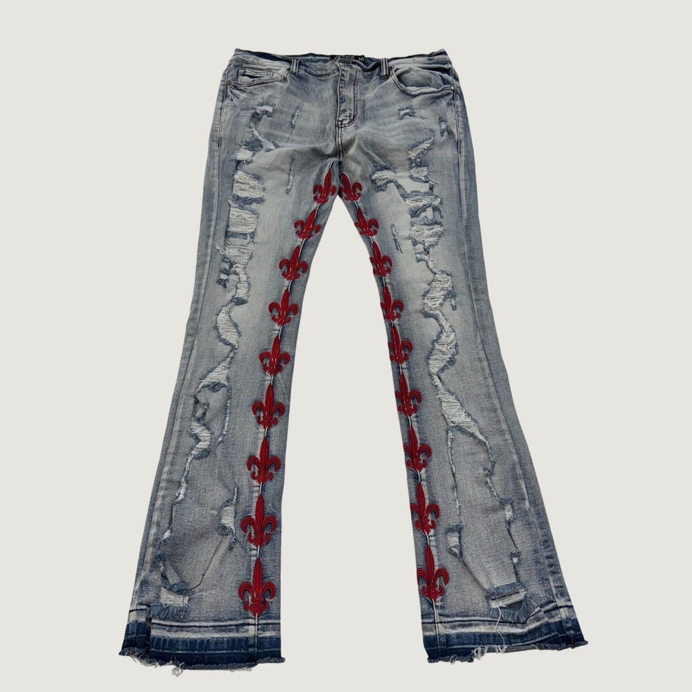 Politics PLTKS Jeans Mens 36 Blue Red Fleur De Lis Embroidered Distressed Flare